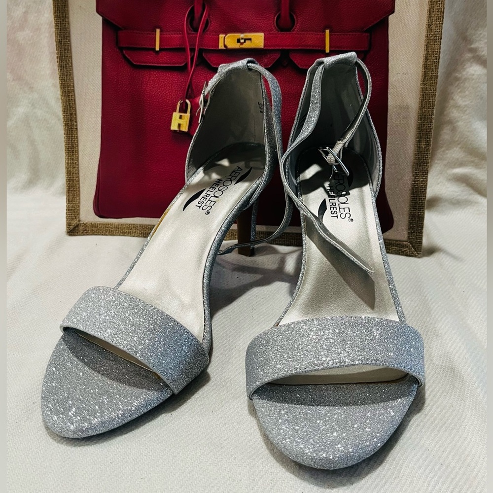 AEROSOLES Silver Glitter Open-Toe Ankle-Strap Heels